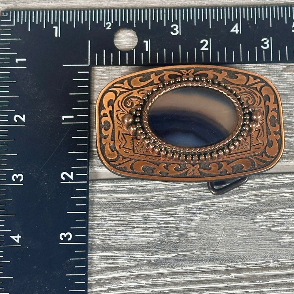 Western Belt Buckle Copper Tone Floral Scrollwork Banded Agate Stone Oval Mens - Picture 4 of 4